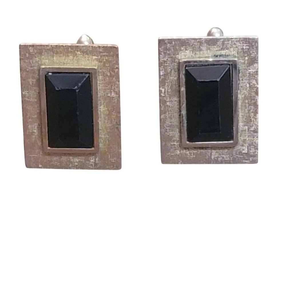 Vintage Rectangular Gold-Toned Cufflinks With Black Faceted Stones Elegant